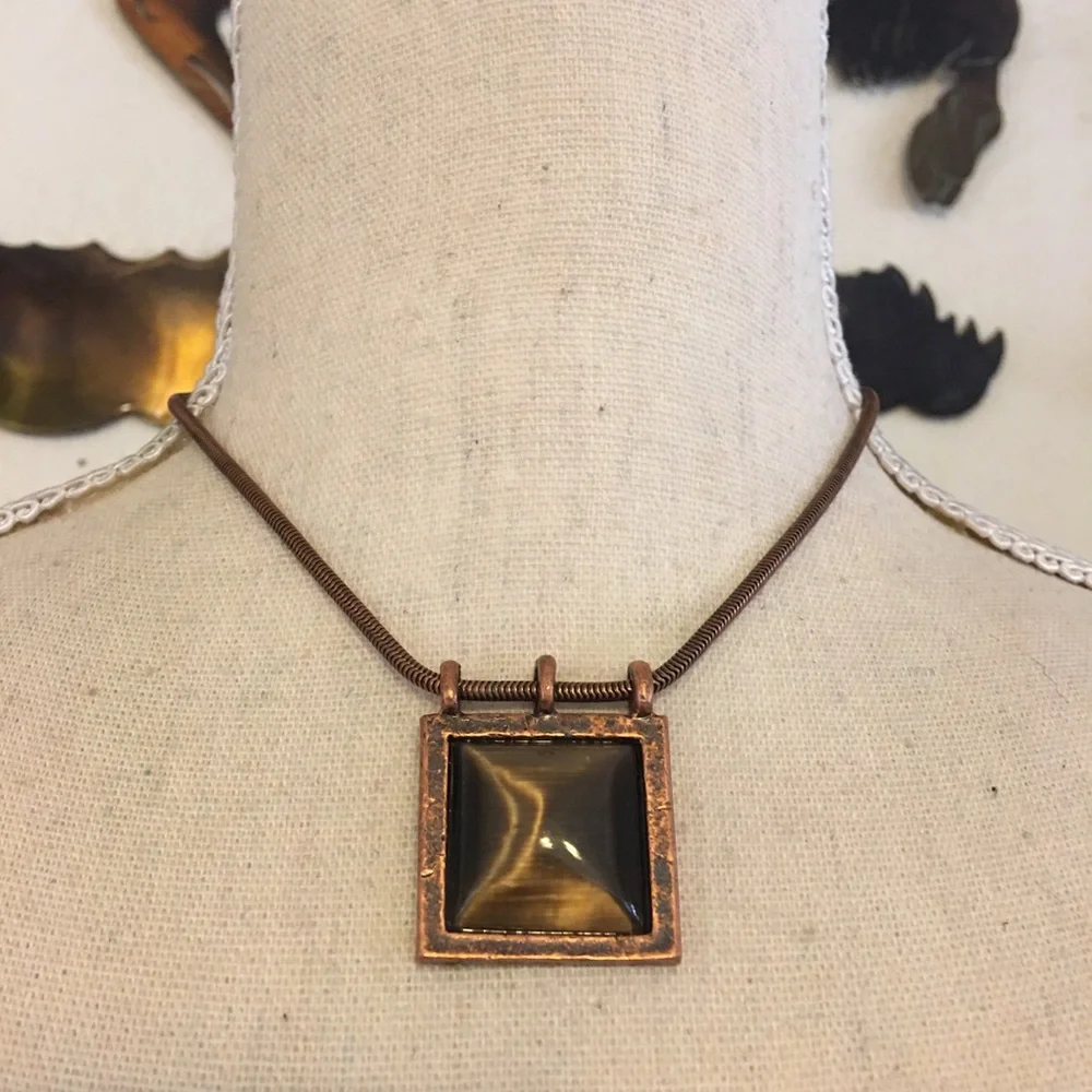 Square cabochon stone copper setting snake chain